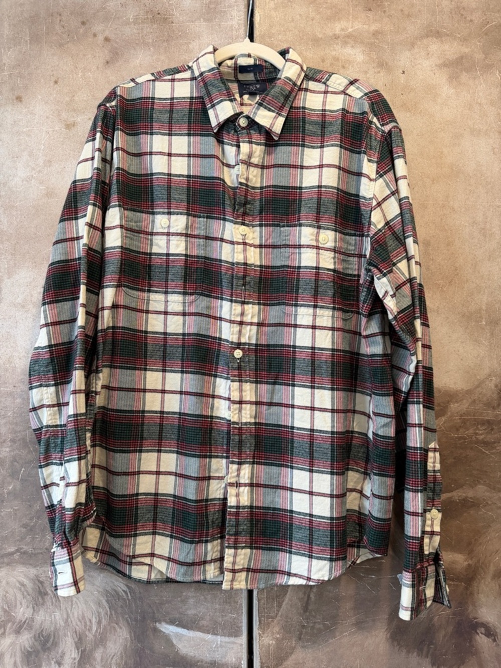 Men's Jcrew Flannel Button-Up Shirt - Cream, Green & Red